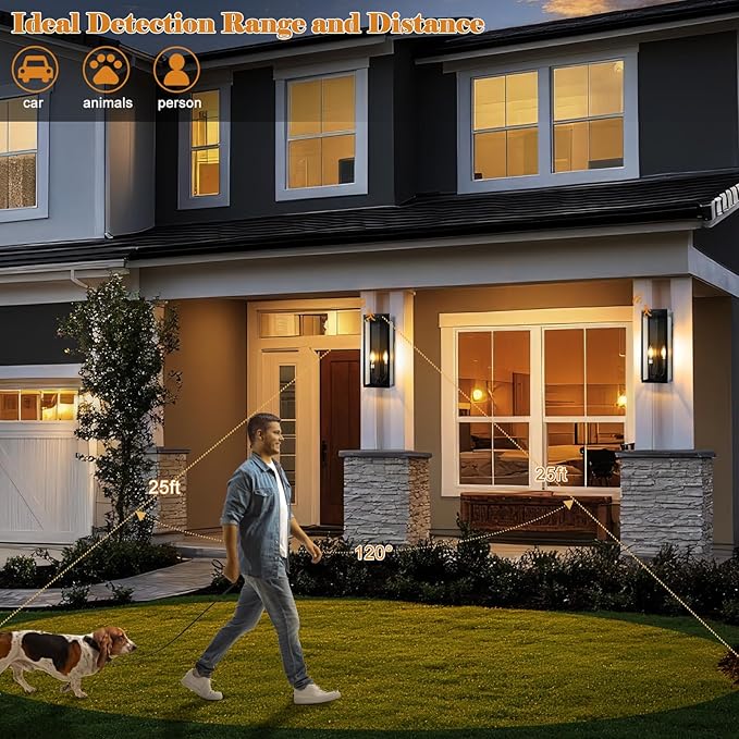 Black Motion Sensor Outdoor Lights 2-Light 16” Modern Dusk to Dawn Sensor Lights for Outside 2 Pack Exterior Wall Mount Porch Lanterns Waterproof Outside House Lamps for Garage Yard E12