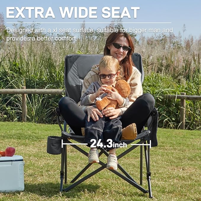 EVER ADVANCED Oversized Folding Camping Chair for Adults Heavy Duty Lawn Chair with Side Pockets Portable Collapsible Quad Chair for Outside Support Up to 500lbs Grey 2PACK