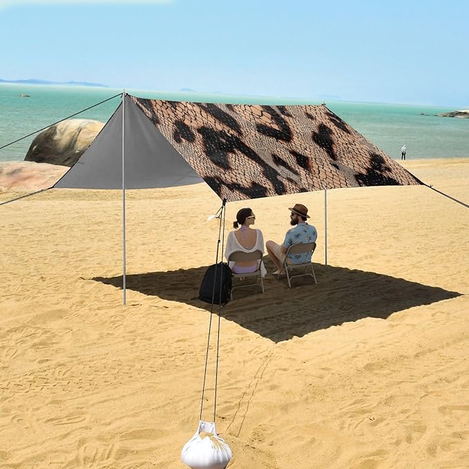 Beach Tent Sun Shelter Brown Snake Skin Lightweight &amp Easy Setup Beach Shade Canopy for Camping Fishing