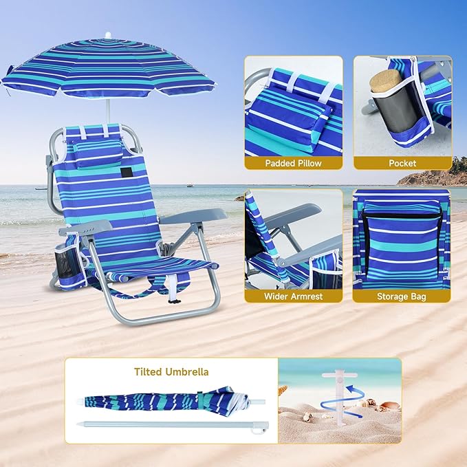 CDEN Beach Chair with Umbrella for Kids Toddler Foldable Beach Chair Backpack Beach Chairs Lightweight with Side Bag Umbrella Sand Anchor (2 Pack)