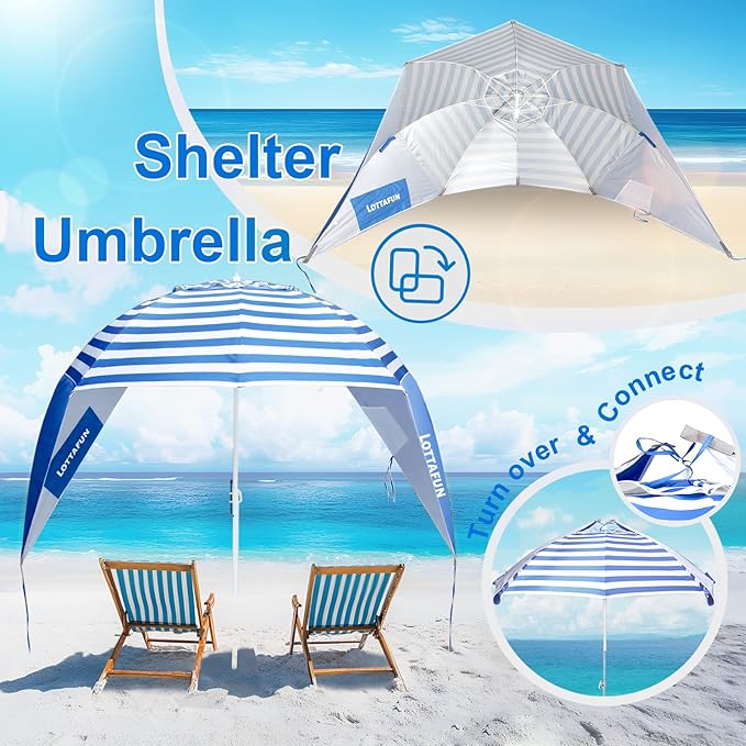 Beach Shelter Umbrella Premiere UPF 50+ Umbrella Shelter for Sun and Rain Protection for Adult (10-FootBlue Stripe)