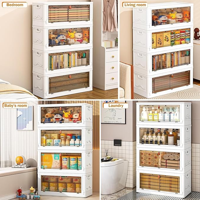 4 Tier Storage Bins with Lids 102QT Stackable Storage Containers with Wheels Folding Boxes Extra Large Collapsible Bins White