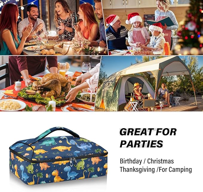 Casserole Carrier Playful Cartoon DinosaursInsulated Casserole Carrier for Hot or Cold Food Thermal Lunch Tote for Potluck Parties Picnic Beach Fits 9 x 13 Inches Baking Dish