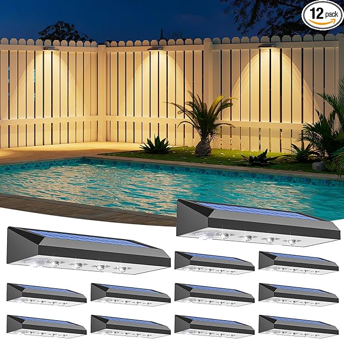 VOLISUN Solar Fence Lights 12-Pack - 100 Lumens Solar Powered Outdoor Lights Weatherproof Warm White LED Auto On/Off for Fence Deck Yard Patio &amp Garden (Dusk to Dawn)