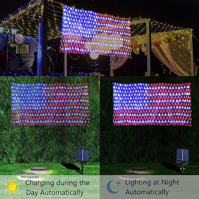 HYH American Flag Lights Outdoor Solar String Lights with 420 Super Bright LED Waterproof Flag Net Light of The United States for YardGardenFestivalHoliday4th of JulyIndependence Day Decoration