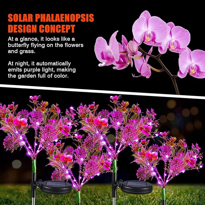 Neporal Solar Garden Lights 4PK Purple Phalaenopsis Solar Flowers Outdoor Waterproof Solar Lights Outdoor Decorative for Garden Yard Decor