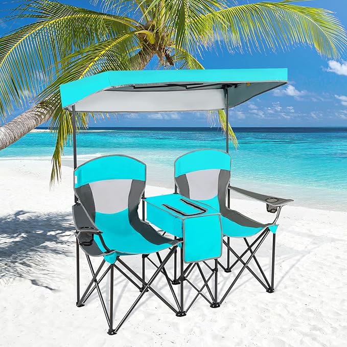 GYMAX Double Camping Chair Beach Chair with Canopy Shade Adjustable UV Protection Cooler Cup Holder &amp Carry Bag Folding Portable Lawn Soccer Camp Chair with Umbrella for Adults (Navy 2 Perso