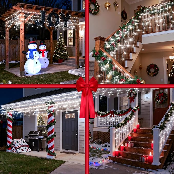 612 LED String lights Indoor Outdoor 60ft Christmas Window Lights with 136 Drops 12 Modes Dimmable Curtain Lights Fairy Lights for Bedroom Holiday Wedding Party Home Xmas Decorations Cool White
