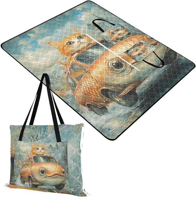 KLL Funny Cat Fish Shaped Car Waterproof Beach Blankets Soft Party Outdoor Playmat for Adults Summer Gift colcha para picnic