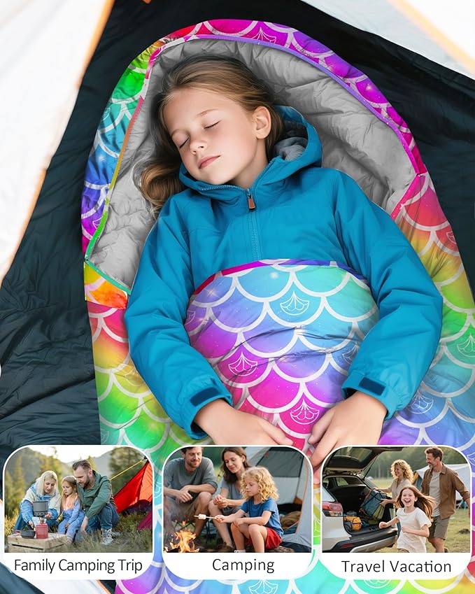 Sleeping Bags for Kids 3 Season Waterproof Sleeping Bag with Carry Bag for Camping Hiking Rainbow Unicorn