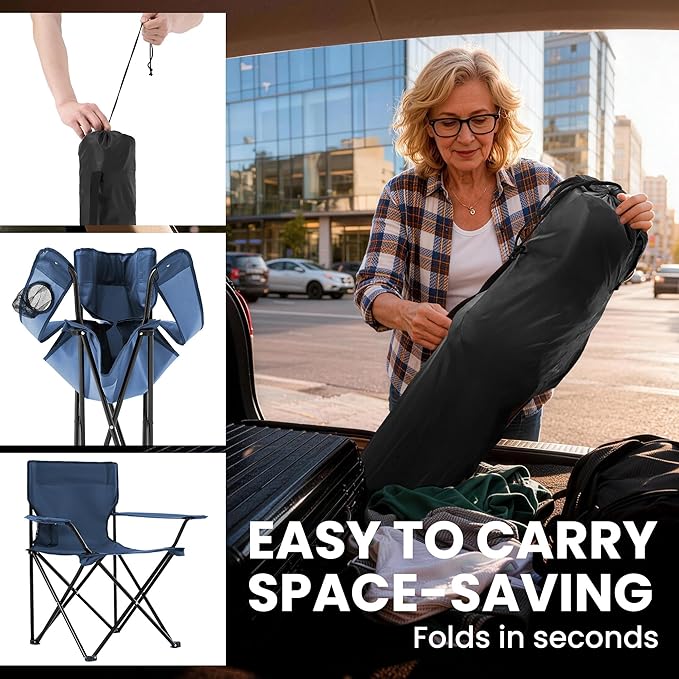 Folding Camping Chairs 2 Pack for Adults 300LBS Capacity Foldable Portable Lawn Chairs with Carry Bag Compact Design for Camp Beach Picnics and Outdoor (Navy)