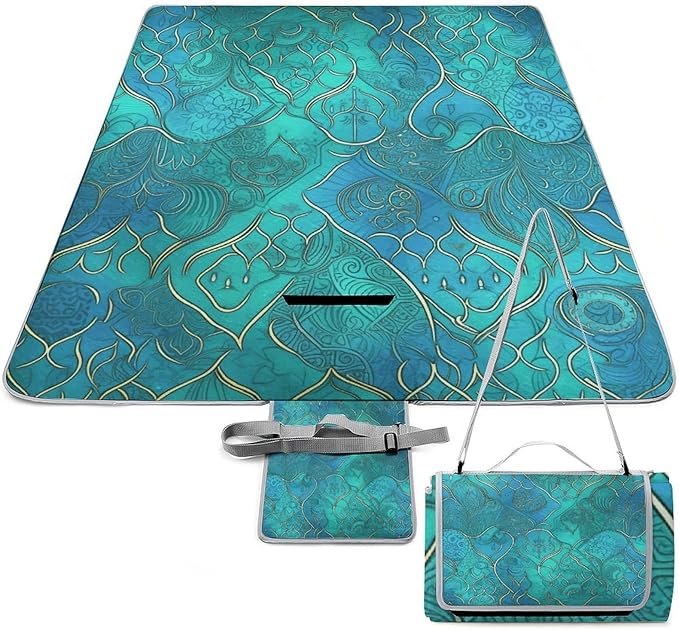 Turquoise Pattern Beach BlanketPortable Waterproof Picnic Blanket58.3''x 58.3'' Extra Large Picnic Mat for BeachCamping Grass Lawn Park Accessorie for Festival BBQ