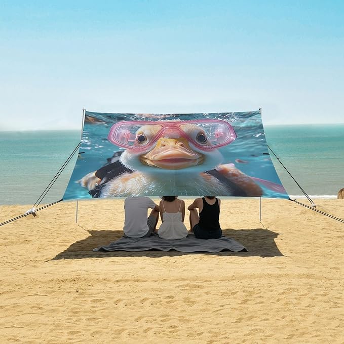 ALAZA Cute Duck Underwater Fun Beach Tent Sun Shelter UPF50+ Protection Beach Shade Canopy w/ 4 Sandbags for Outdoor Camping Fishing Backyard Fun Picnic 10x9 ft