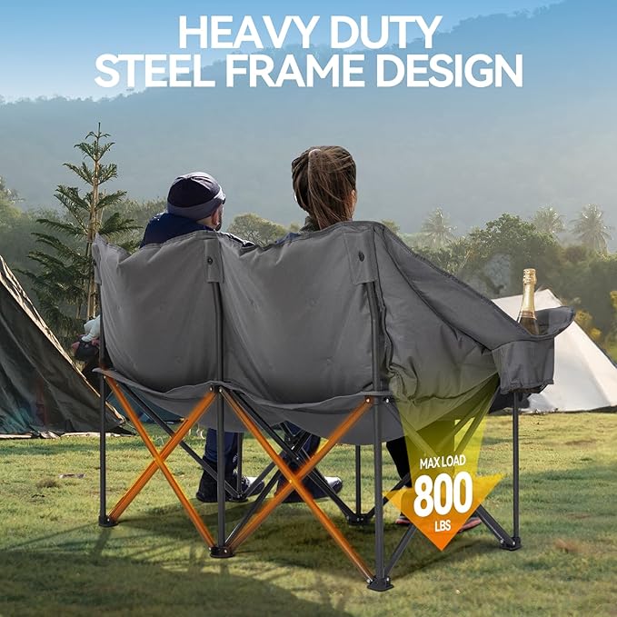 Double Camping Chair Padded 2 Person Camping Chair Camping Loveseat - Heavy Duty Oversized Camping Couch for Adults Outdoor Lawn Beach - Portable Folding Sofa with Cup Holders and Carry Bag Grey