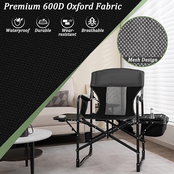 Giantex 2 PCS Camping Chairs Folding Directors Chair with Side Table Pocket Cooler Bag Shoulder Strap Handle Support 400 Lbs Lawn Chair Artist Chair for Makeup Fishing Picnic Black