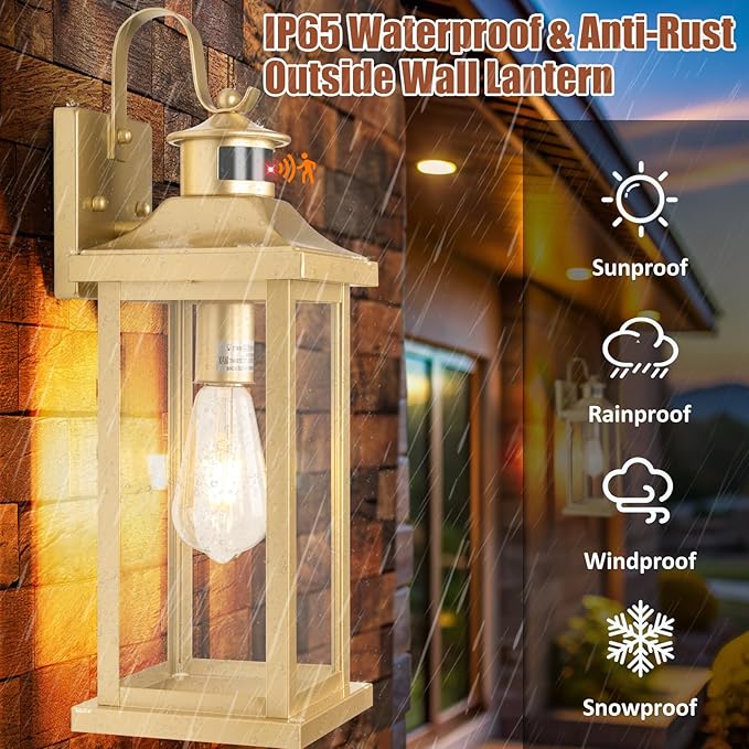 2-Pack Gold Dusk to Dawn Motion Sensor Lights 18 Inch Large Outdoor Light Fixtures IP65 Waterproof Anti-Rust Brass Outside Lights for House Photocell Modern Exterior Lanterns Wall Mounted