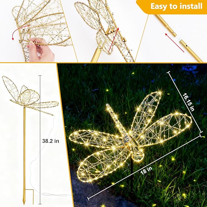 Flacchi Solar Lights Outdoor - Solar Garden Lights Dragonfly Decor with 240LED Solar Powered Iron Waterproof Easy to Install for Pathway Garden Decorations Patio Decor Yard Decoration