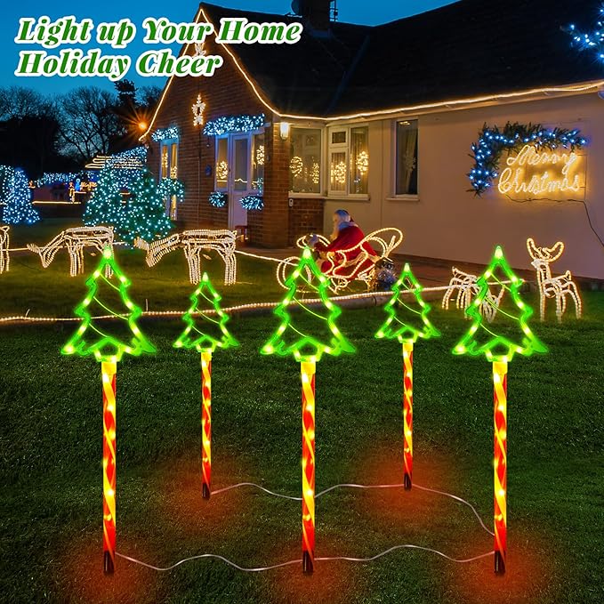 Outdoor Christmas Decorations Lights 5 in 1 Candy Cane Christmas Tree Lights with 8 Modes Christmas Pathway Lights Outdoor Waterproof LED Christmas Outside Lights for Yard Path Garden Decor