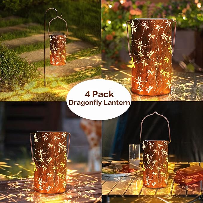 YISITEONE 4-Pack Dragonfly Outdoor Solar Lanterns Garden Waterproof Metal Hanging Decor Lights for Patio Yard Pathway Lawn Front Porch Birthday Gardening Gifts for Women Mom Grandma