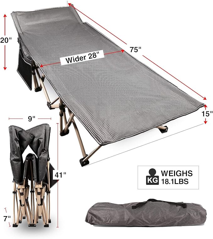 REDCAMP Oversized Camping cots for Adults 500lbs Extra Wide Sleeping Cots Tall Sleeping Cots Heavy Duty XL Cots Portable for Outdoor Indoor Office Grey