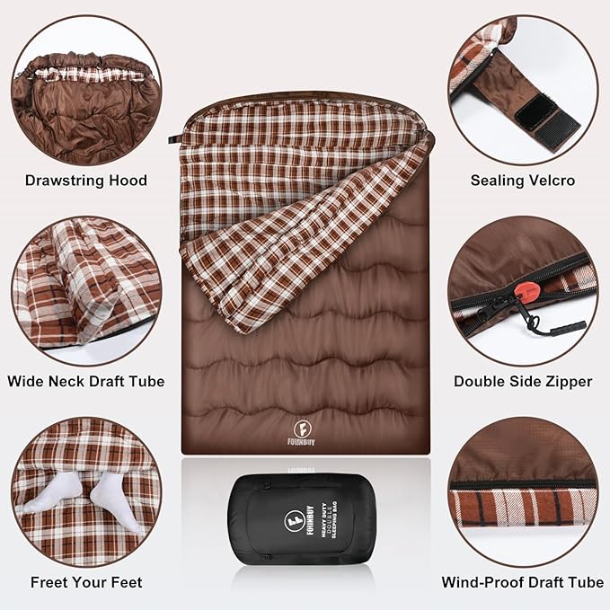 0 Degree Flannel Double Sleeping Bag for Adults Couples or Family - Winter Queen Size Waterproof &amp Warm 2-Person Sleeping Bag for Cold Weather Camping RV Travel