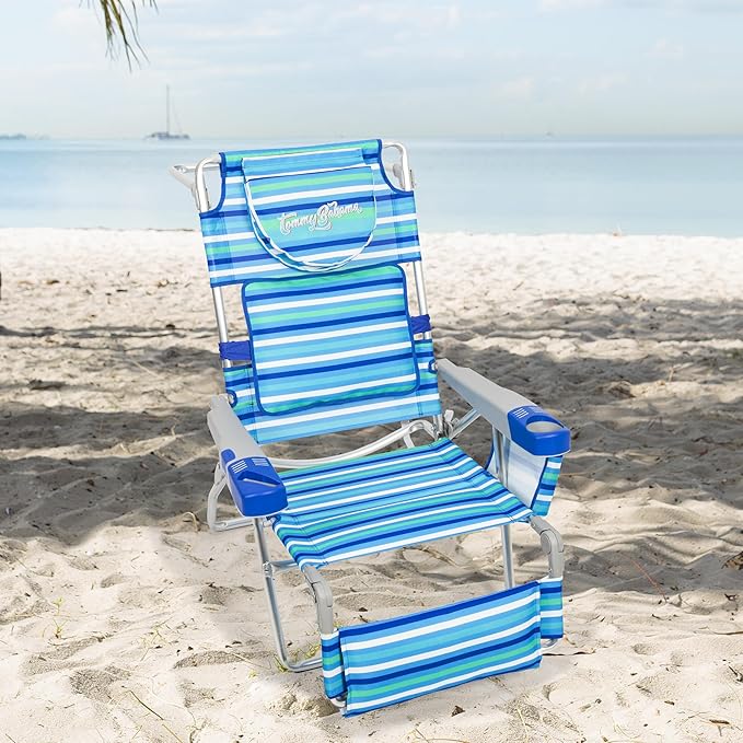 Tommy Bahama 4-Position Face-Opening Read Through Lounger with Ottoman Portable Folding Beach Chair Blue Stripe