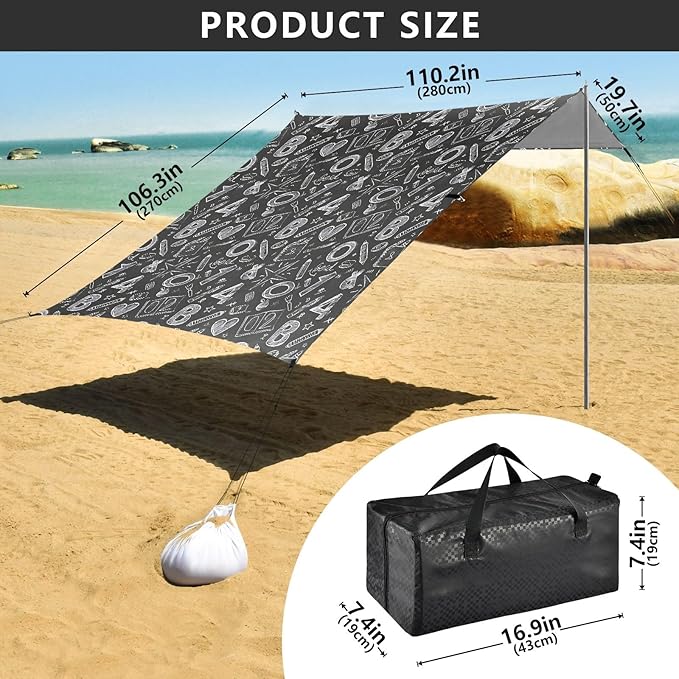 Camping Sun Shelters Chalk Drawn Sketches Numbers and Scribbles Beach Canopy 126 * 110.2in