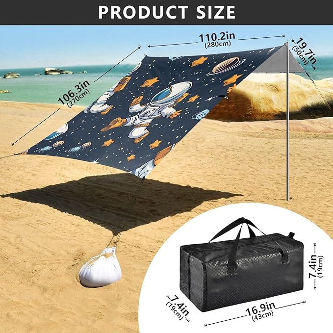 Cartoon Astronauts Camping Sun Shelter Beach Tent Portable Beach Sun Shade Outdoor Canopy for Camping Trips Fishing Picnic