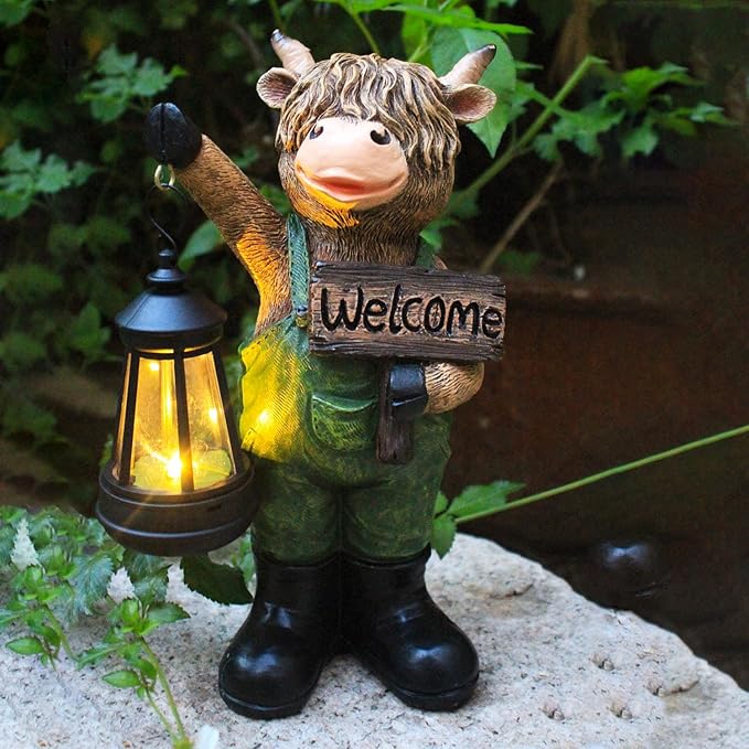 Solar Garden Decor Statues: Handmade Resin Statue with LED LightHighland Cow Figurine Outdoor Garden Decor Unique Gifts for Women Mom Grandma (Green cow1)
