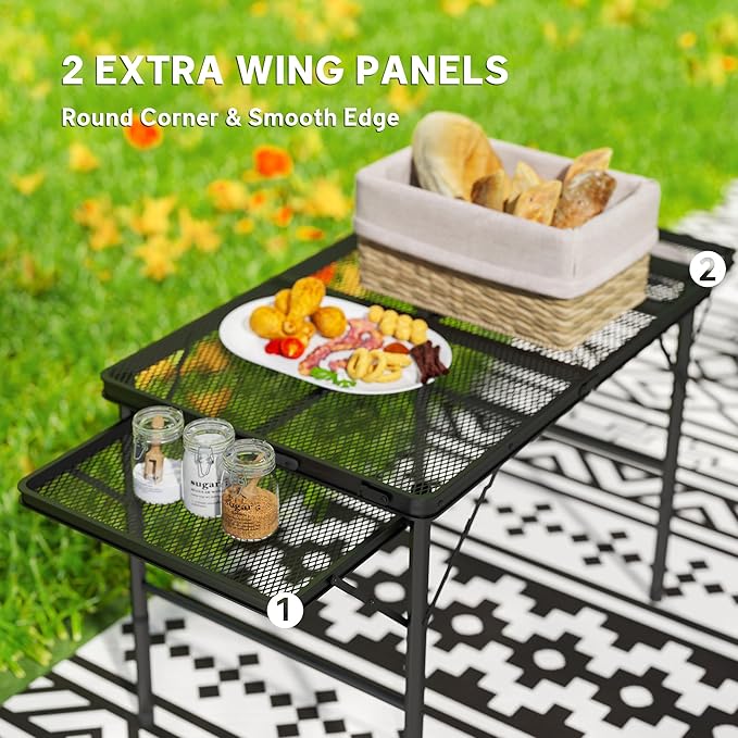 Outsunny Folding Grill Table 4.5 ft Portable Camping Table with 2 Wing Panels Height Adjustable Metal Outdoor Table with Mesh Desktop for Picnic Beach BBQ Party Black