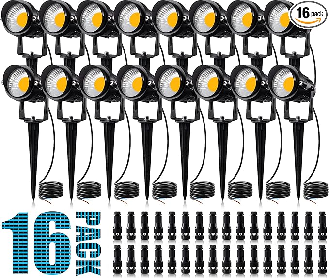 SUNVIE 12W Low Voltage Landscape Lighting Landscaping Lights with Connectors Outdoor LED Landscape Light 3000K Waterproof Tree Flag Lights Low Voltage Lighting with Stand for Garden Yard Path 16 Pack