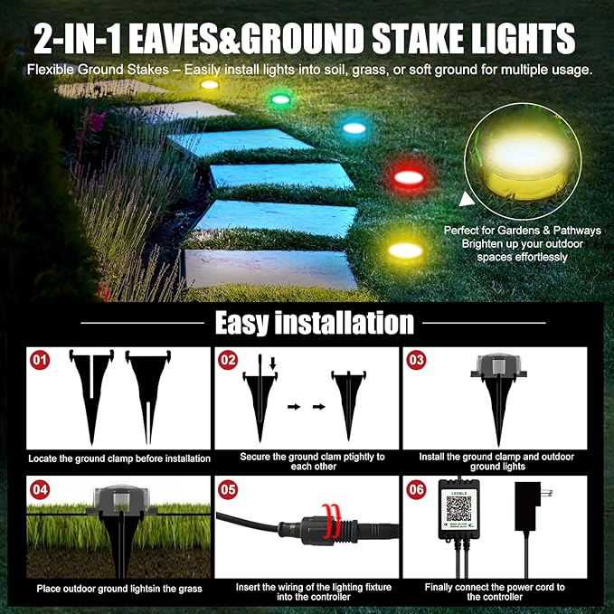 200 FT Permanent Outdoor Lights Waterproof 2-in-1 Eaves &amp Ground Stakes LED String Lights with App/Remote Control for House Garden– Smart Color-Changing Lighting for Halloween Christmas Decorati