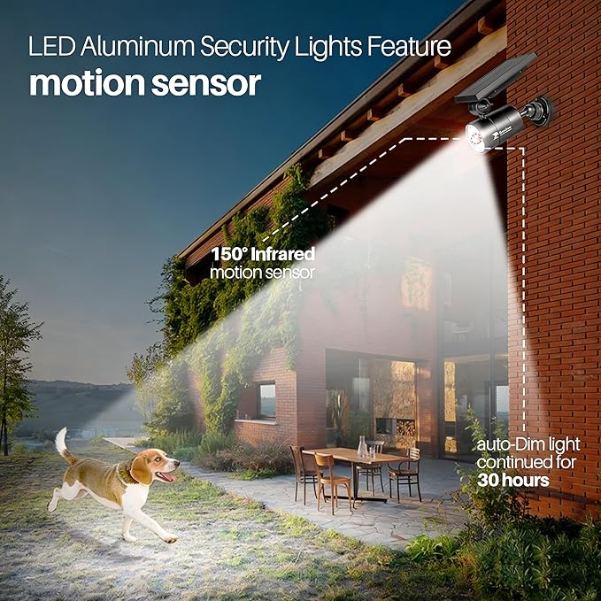 Solar Motion Lights for Outside Aluminum case(Not plastic) Outdoor Solar Flood Security Spot lights 1400LM 9W LED(130W Equ.) Garden Step Deck Patio Post Porch 100-Week FREE Refund/Replacement(Black)