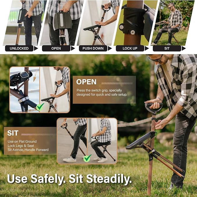 STEP2GOLD Ta-Da Chair Series 2 PRO MAX - Walking Cane with Seat Sturdy Foldable Stool Supports 400 lb Lightweight Aluminum Walking Stick with Chair Anti-Slip Ideal for Hiking &amp Outdoors (Black