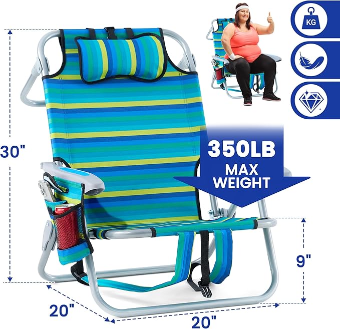 Portable Recliners Chair for Adults Outdoor Camping Chair Lay Flat Folding Backpack Reclining Chair with 5 Positions Headrest Zipper Pouch Cup Holder NEW Srtiped