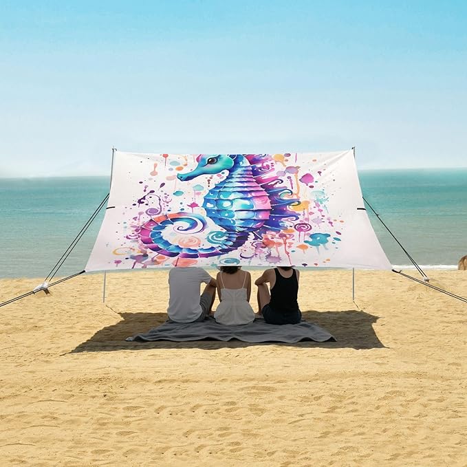 Camping Sun Shelters Watercolor Hippocampus Japonicus Beach Canopy 126 * 110.2in