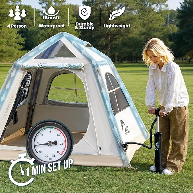 TAILI Inflatable Blow Up Tent for Camping with Hand Pump for 3/4/6 Person Easy Setup Outdoor Inflatable Oxford Waterproof Air Tent House for Family Camping Adult