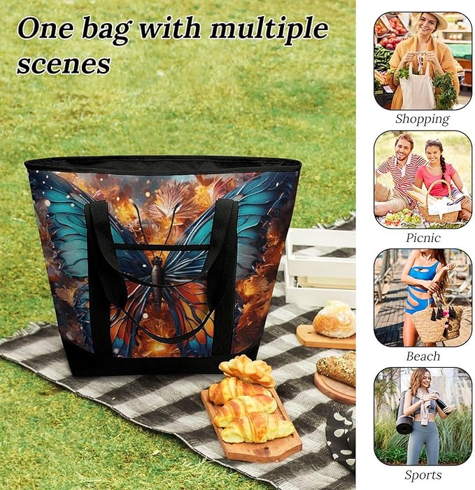 Insulated Shopping BagLarge Reusable Cooler Bags Color Butterfly Background Printed Foldable Shopping BagTravel Waterproof Shoulder Bag