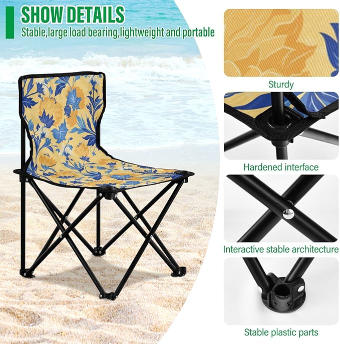 KLL Wild Floral Yellow Blue Collapsible Foldable Chairs Lightweight Beach Chair Backpack with Carrying Bag Lawn Chairs for Lawn Outdoor