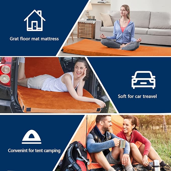 CYMULA Memory Foam Camping Mattress Pad CertiPUR-US Sleeping Mat Portable Roll Up Mattress for Adults Camping Bed Pads for Sleepover Car Bed with Travel Bag