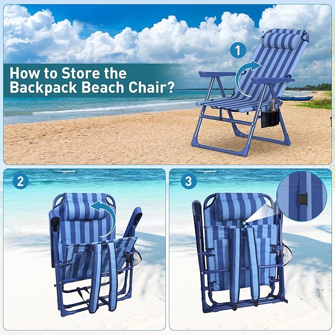 Suteck Backpack Beach Chairs for Adults 2 Pack 6-Position Folding Reclining Chair with Cooler Bag &amp Cup Holder Lightweight Portable Beach Chair for Camping Outdoor Sand Travel Use