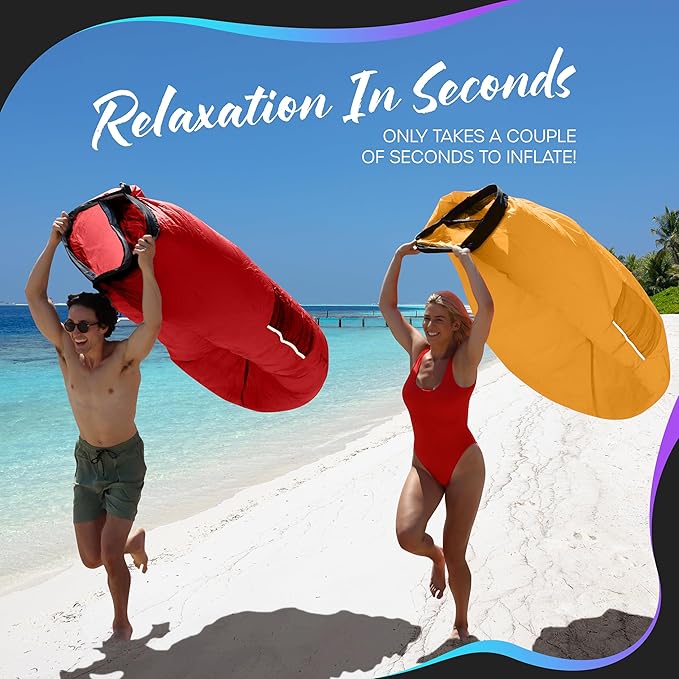Nevlers Red &amp Saffron Inflatable Lounger 2 Pack | 210T Polyester Blow Up Chair | No-Pump Inflatable Couch Set | Air Couch w/ 450 lbs. Capacity Pockets &amp Carry Bags for Use as Portable Beach C