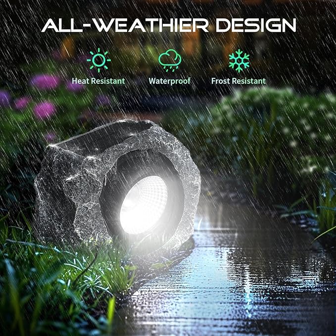 2 Pack Solar Rock Lights Outdoor Angle Adjustable Solar Lights Outdoor Waterproof LED Solar Garden Lights Auto On/Off Landscape Lighting for Yard Pathway Patio Flower Bed - White Glow (Stone Gray)