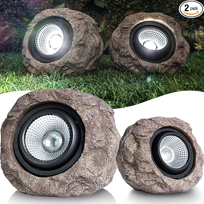 Solar Rock Lights Outdoor Garden Waterproof - Super Bright LED Solar Spotlights Solar Powered Landscape Path Decorative Garden Stone Lights for Pathway Walkway Yard Patio (2 Pack)