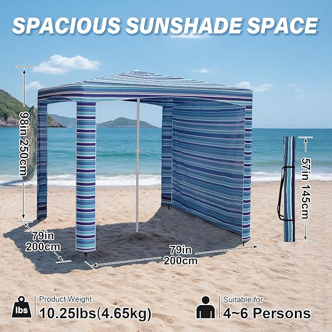 Beach Cabana-6.6x6.6’Beach Canopy with Side WallPortable Umbrella Tent with Sand Pockets for Family &amp FriendsEasy Up Beach Sun Shelter for Outdoor PatiosBackyardsand CampingStripe