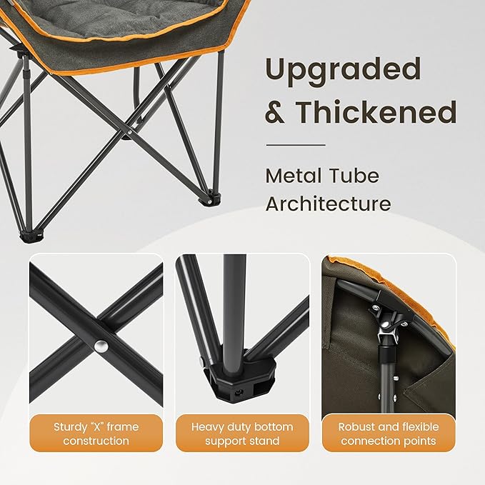OUTDOOR LIVING SUNTIME Oversized Padded Comfy Camping Chair with Removable FootrestWeight Capacity 400LBS Heavy Duty Moon Round Leisure Folding Chair for Camping Hiking Carry Bag Orange