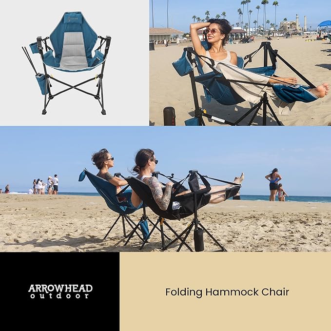 Arrowhead Outdoor Folding Hammock Camp Chair with Detachable Footrest Stabilized Feet Padded Headrest and Seat Large Cup Holders 300 LBS Weight Capacity for Camping Beach Tailgating