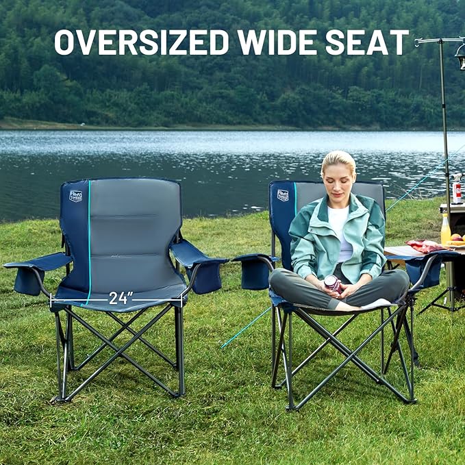 Timber Ridge Oversized Folding Camping Chair for Adults Support 550 LBS Heavy Duty Chairs with Cup Holder Side Pocket for Camping Lawn Picnic 2 Pack(Navy)
