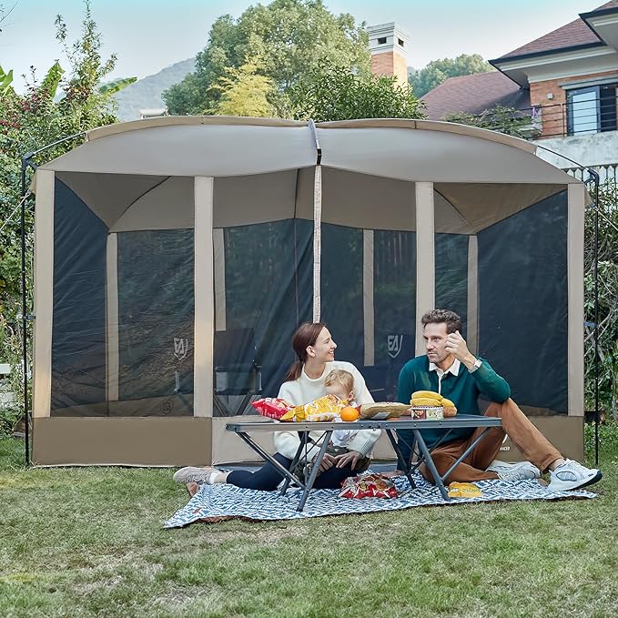 EVER ADVANCED Magnetic Screen House Room 11x9ft Hands-Free EntryScreenhouse with Sun Protection for Camping&ampPicnic 11x9ftCamping Tent Canopy Shelter with Mesh Brown