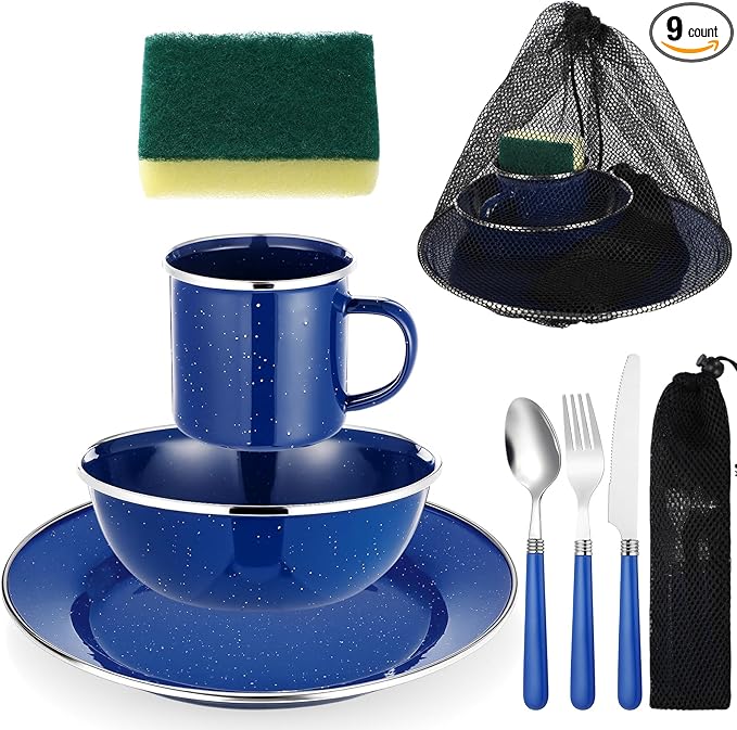 LemonRoad 9 Pcs Enamel Camping Cutlery Set Includes Bowls Mugs Plate Knife Fork Dishwashing Sponge Utensil Bags and Storage Straps Lightweight Tableware for Backpacking Camping Hiking Picnics